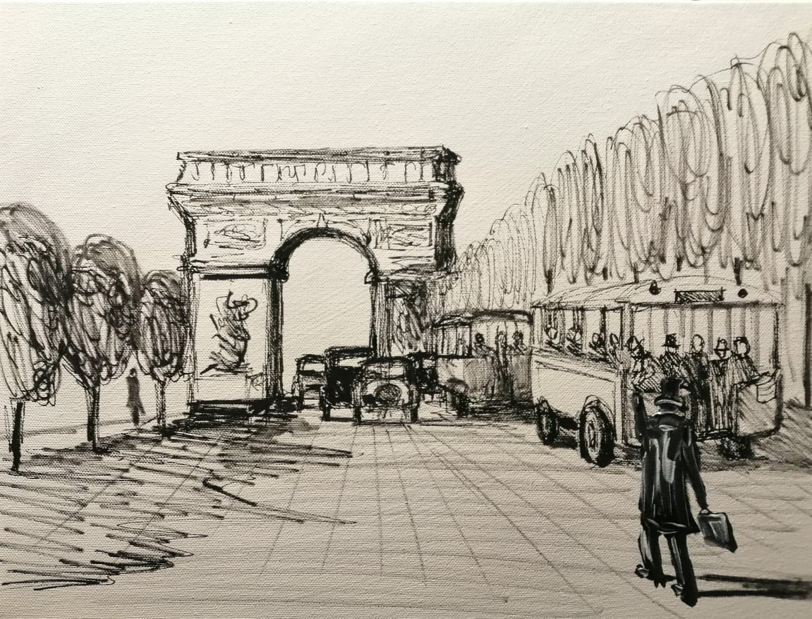 Arc de triomphe en croquis sur toile 30 40