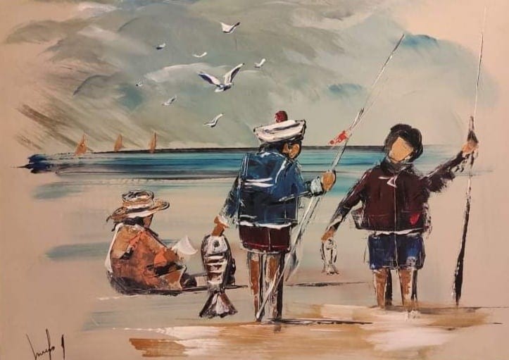 Les enfants sur la plage autrefois 50x70