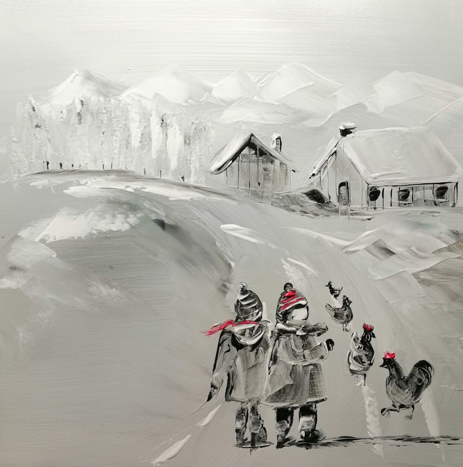 Promenade dans la neige avec les poules 50x50