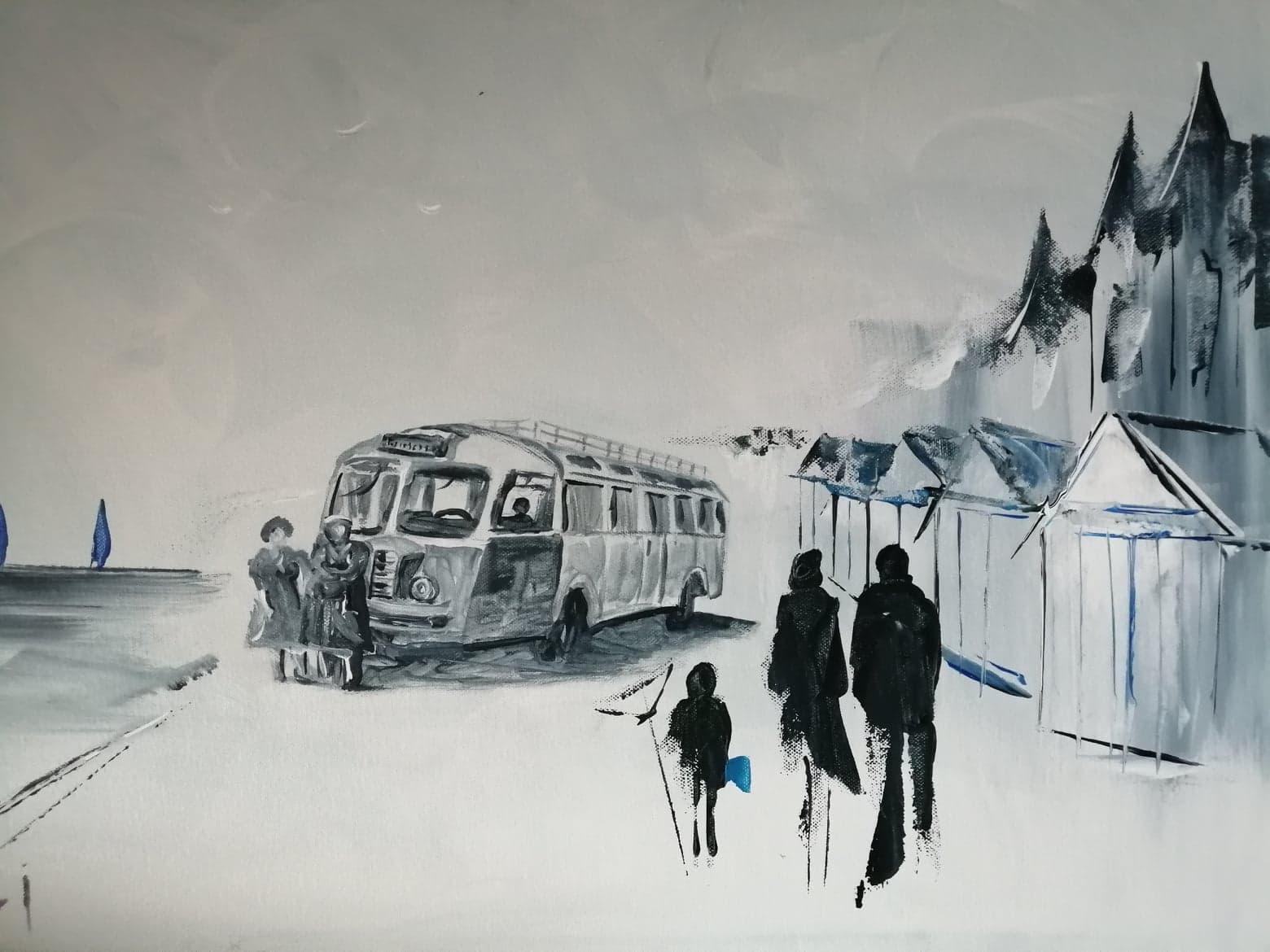 Le bus sur la digue deposant les vacanciers 50 x 70 cm 1