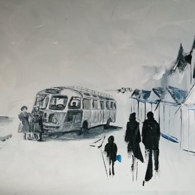Le bus sur la digue deposant les vacanciers 50 x 70 cm